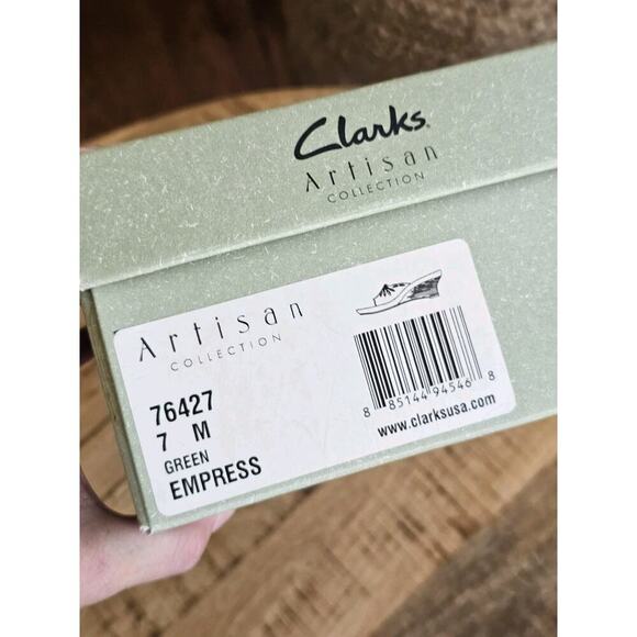 Clarks Artisan Collection Green Empress Beaded Wooden Wedge Sandal Size 7 M EUC - Picture 11 of 12